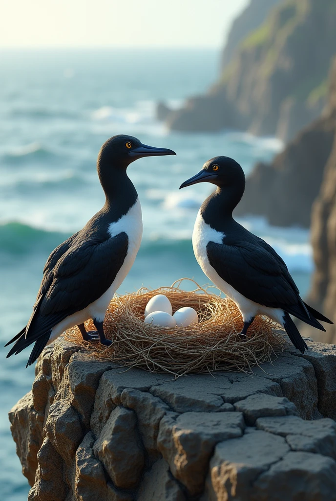 2 gannets on a cliff with a nest with 2+1 eggs in the nest