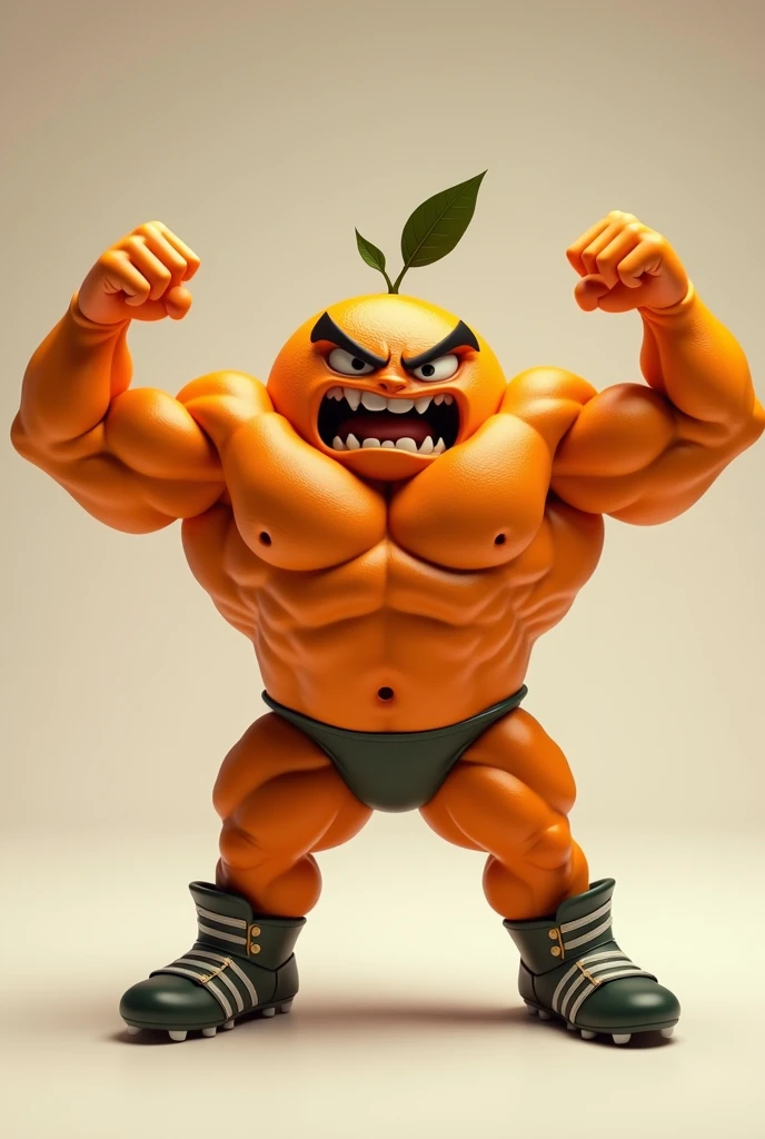 an orange with texture, round with an angry face raising her arms and doing the double biceps pose, and muscular legs, with cleats on her feeta round orange with an angry face raising its arms, and muscular legs, with cleats on its feet angry-looking orange with muscular arms and legs, with cleats on her feet