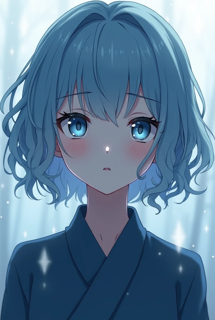 Anime girl with LAZY AND HALF LIDDED and striking blue eyes with slit pupils and pale blue hair curly hair cut in a BOYCUT
She's wearing a dark blue tunic and with droplets floating around her
Rain