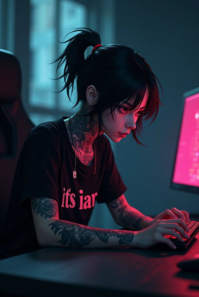 Dark tattooed anime character gamer with the letters "It's ian" on the t-shirt