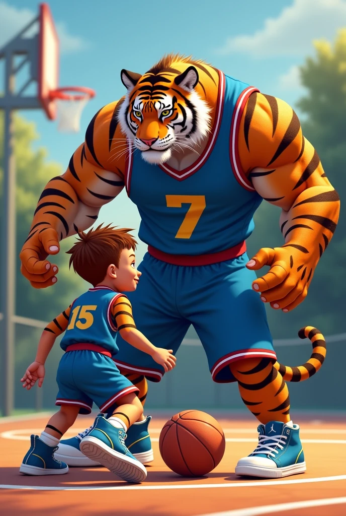Tiger with his son, playing basketball The tiger&#39;s son has number 15 the tiger has number 7 the uniform must be blue they have Jordan tennis shoes the tiger is muscular
