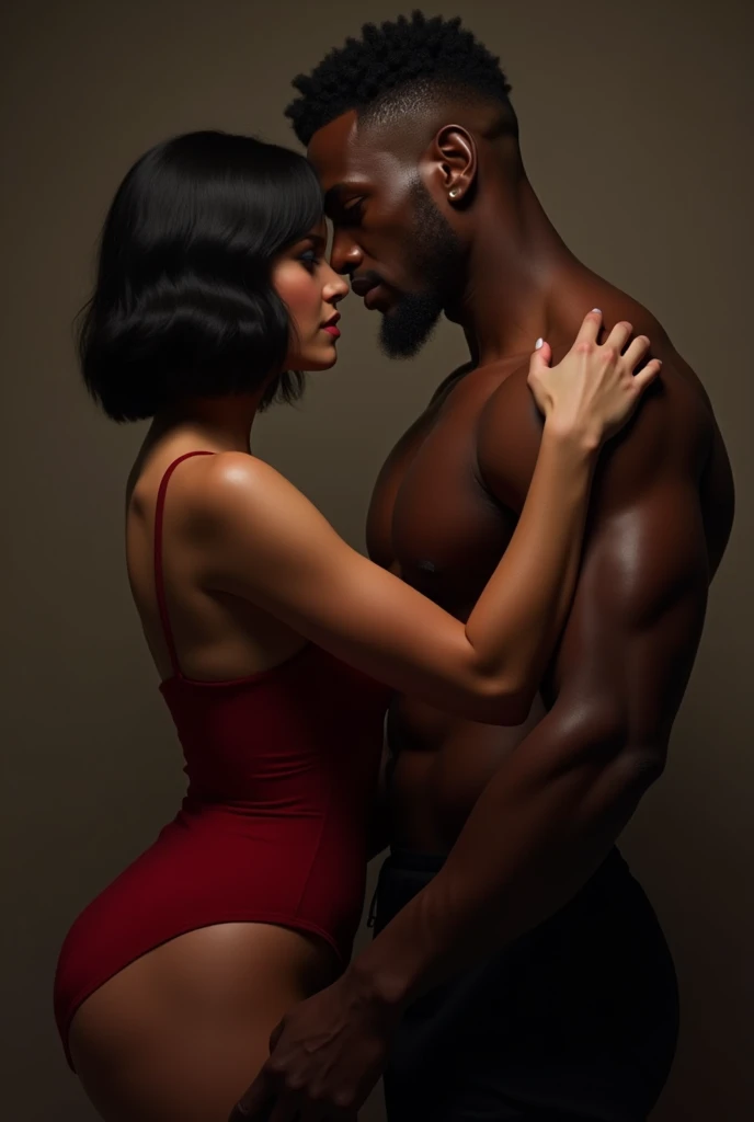 Young woman with beautiful curves and dark bob hairstyle has passionate sex with athletic black
man