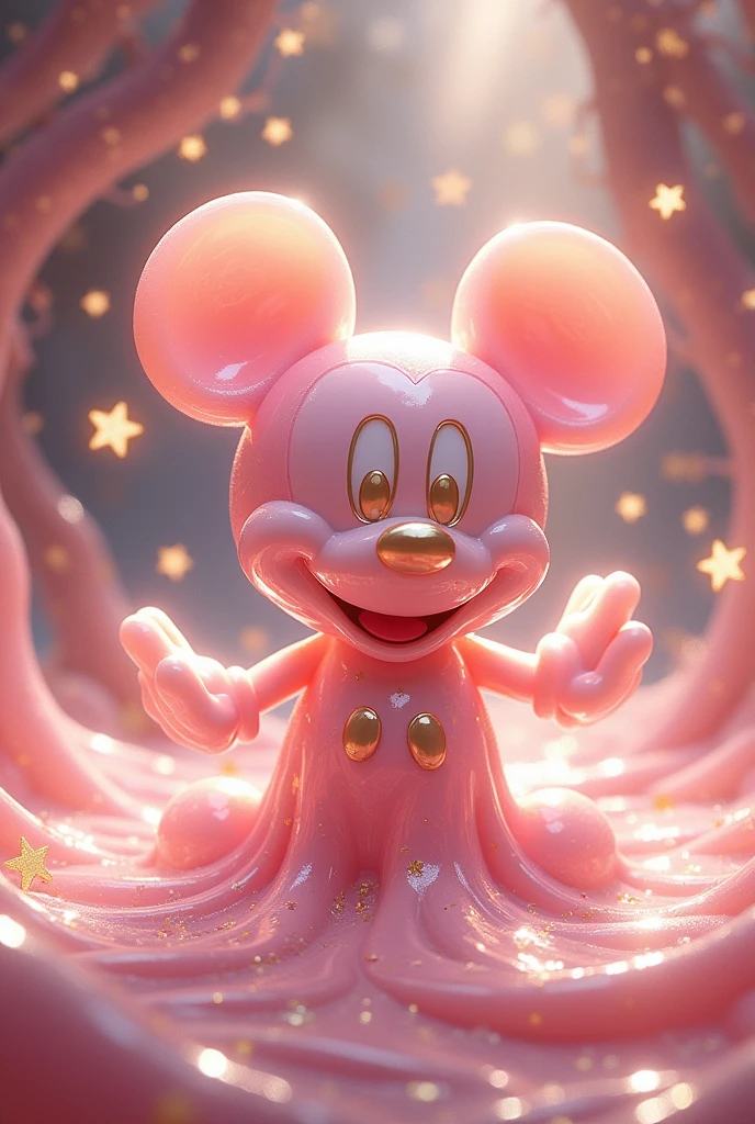 Create the exact Mickey Mouse slime with a gold outline and light pink gradient, with fantasy theme, with gold stars and swirling patterns, the logo should resemble the real appearance, Predominantly pink with intricate shiny gold embellishments with rich patterns. The overall aesthetic should be magical and majestic., making the background look like a background of a fantasy realm.