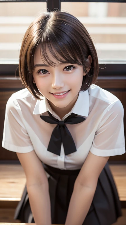 8k, RAW Photos, Highest quality, Tabletop: 1.2), (Realistic, Realistic: 1.37), Very detailed, 1 high school girl, Super Beauty(Like the real thing), alone, Beautifully detailed skies, Detailed Coffee, night, sitting in the store, (Big smile: 1.1), Long brown hair Mid-chest, Beautiful attention to detail, (Collared shirt: 1.1), A bow tie, Pleated skirt, (short hair: 1.2), Long Hair, Beautiful expression Ultra-high resolution,Ultra-Realistic Skin,masterpiece,Highest qualityのRealisticなRAW Photos。Bright colors,Rich colors, Backlight, Cinema Lighting, Film Grain, 50mm lens, Nikon D850,Beautiful expression,Fantasy art,Character Art,View your audience,Top View,,Accentuate your cleavage,Dynamic pose,black,