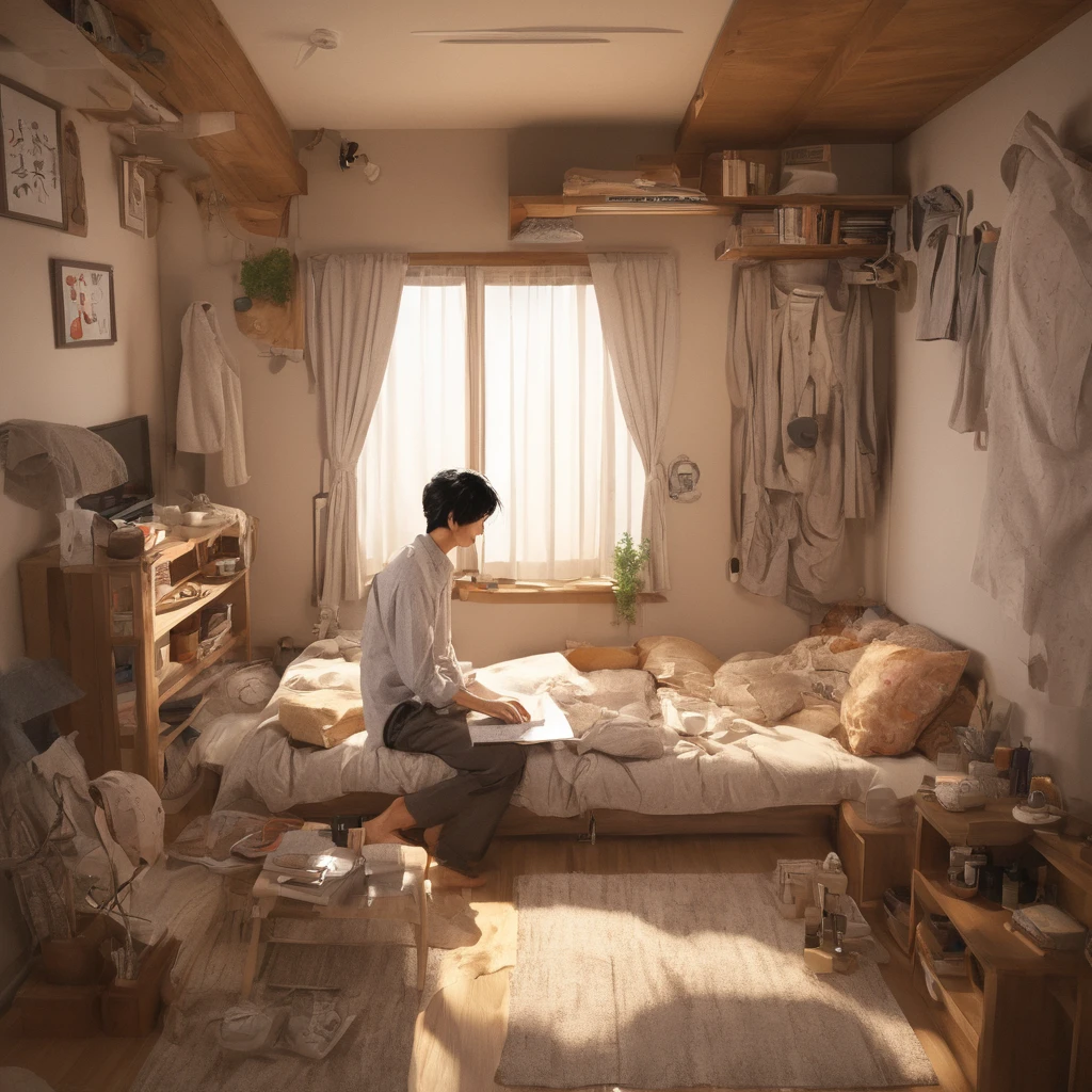 Highest quality, Very detailed,
JJ Room, scenery, indoor, window, Sitting, bed, curtain, Black Hair, bedroom, pants, barefoot, shirt, pillow, Chair, Long sleeve, Book, sofa, table,