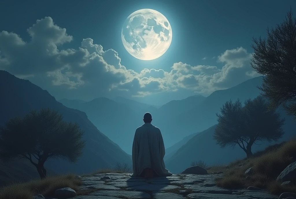a man kneeling in prayer, Jesus, Garden of Olives, mountain top, night landscape with moonlight and clouds, neutral colors, luminous and majestic aura of Christ, (best quality,4K,8K,high resolution,artwork:1.2),Ultra-detailed,(realistic,photorealist,photo-realist:1.37),HDR,Ultra HD,studio lighting,ultrathin painting,nitriding focus,physically based rendering,extreme detailed description,professional, vivid colors,bokeh,religious,spiritual,atmospheric,cinematic,dramatic lighting
