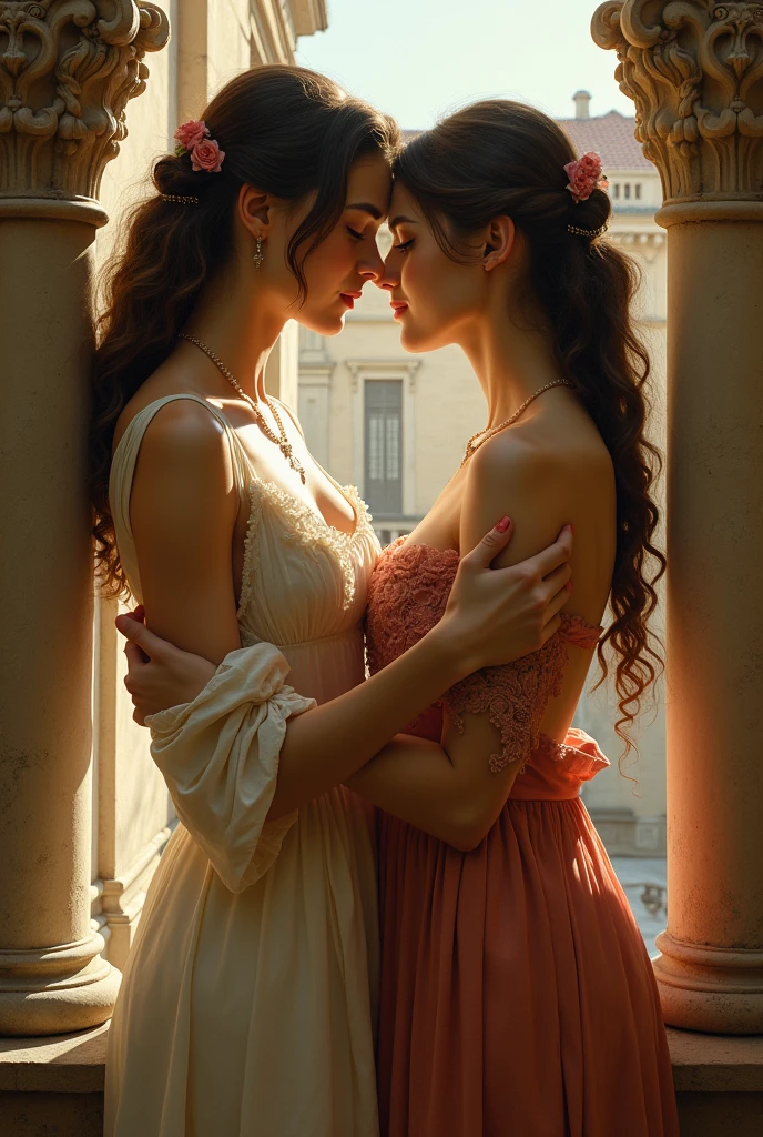 Reinterpret Franco Zeffirelli's painting "Romeu e Julieta", but instead of being a man and a woman kissing, make it a lesbian couple. Make the scene and all elements identical, change only the two central characters to two lesbian women. The same positioning of the two supported on the eaves