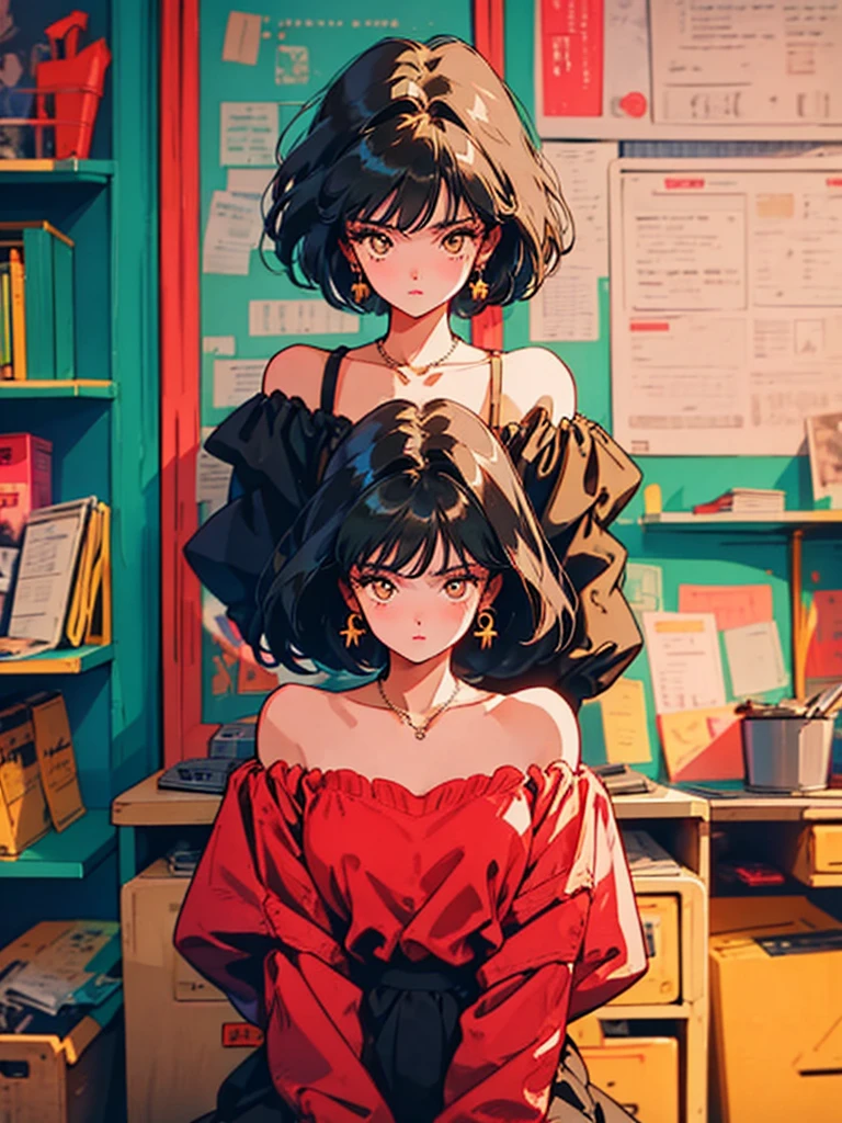 beni, solo, 1girl, yellow_pupils, +_+, black_hair, high_ponytail, red_flower_hair_ornament, Lost in thought