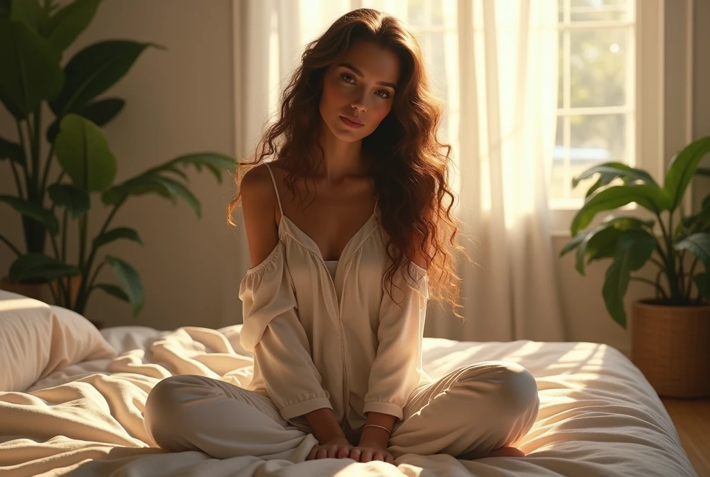 (photorealism:1.2), beautiful woman, sitting on bed, wearing loose off-shoulder top, pajama pants, long curly hair, indoors, soft lighting, plants in background, window with sunlight, cozy room, relaxed pose, realistic, intricate details, warm colors, by Greg Rutkowski, by Alphonse Mucha