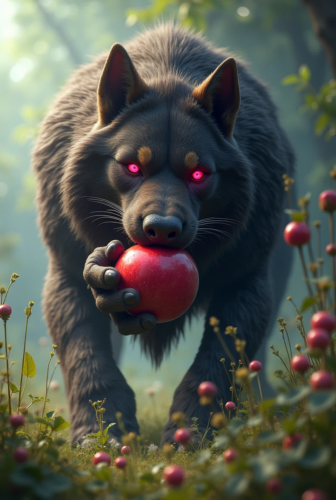 A big dog with pink eyes eating apple and has be like lion