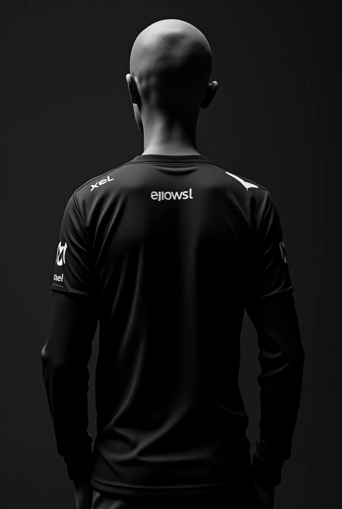 a very close back shot with side pose of a skinny guy without head wearing a black eSports jersey with long sleeves with sponsorships on the back of the jersey and with "XEL" written small on the back with black background