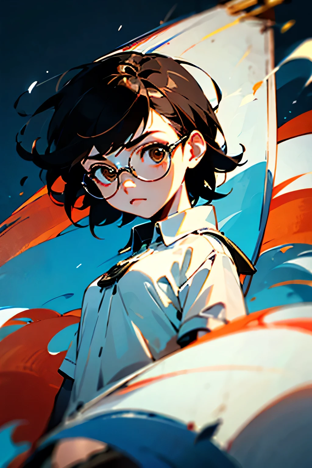 ((best quality)), ((masterpiece)), (detailed), 1girl, dark blue background, blue, indonesia flag, black short hair, round glasses, white shirt, sad face, sad, angry face, indonesia flag, indonesian, dark background, indonesian flag, dark brown eyes, INDONESIA FLAG RED AND WHITE