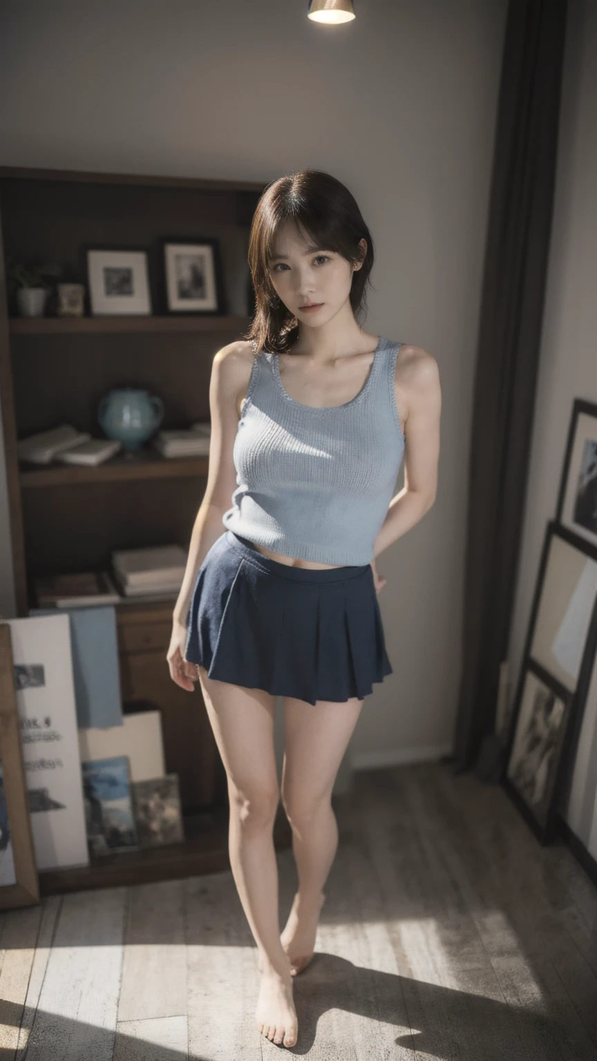 1girl, woman, masterpiece, best quality, highest quality, cinematic lighting, (volumetric lighting), extremely detailed CG unity 8k wallpaper, focused, 8k wallpaper, extremely detailed, ultra realistic, photorealistic, sharp focus, absurdres, (HDR:1.2), (high contrast), photograph, detailed and intricate, instagram, portrait, highly detailed, digital painting, artstation, concept art, smooth, sharp focus, illustration, cinematic lighting, (natural big breast), black short skirt, eyes looking at the viewer, ((medium shoulder)), (skinny legs), (slender body), (((height 163cm))), (HQ skin:1.4, Realistic human body structure), (Full body:1.4), (aerial shot photo), (wearing knit strap tank top, short skirt), (real skin of thighs)