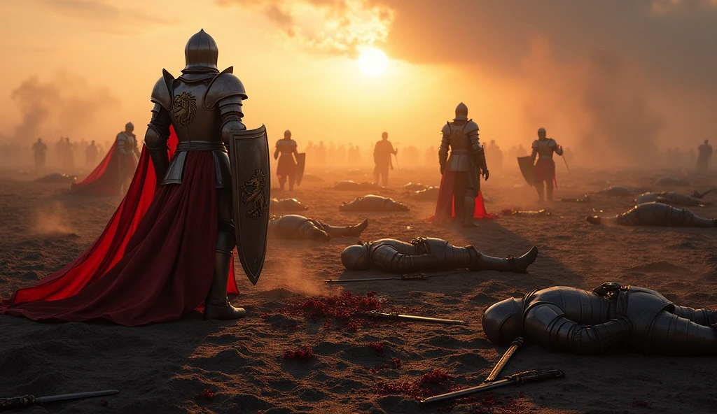 (masterpiece, best quality:1.5), (epic battlefield:1.4), fallen knights, (Lion-emblazoned armor:1.3), scattered across the battlefield, swords and shields lying around, dust and debris, dramatic lighting, (sunrise in the background:1.3), shadows stretching across the ground, (full-body shot:1.2), (focus on the aftermath:1.4), broken weapons, cracked helmets, (realistic and detailed textures:1.5), bloodstained ground, smoke rising from the ground, (desolate atmosphere, silence after the battle)