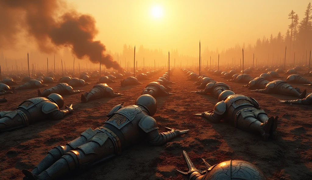 (masterpiece, best quality:1.5), (epic battlefield:1.4), fallen knights, (Lion-emblazoned armor:1.3), scattered across the battlefield, swords and shields lying around, dust and debris, dramatic lighting, (sunrise in the background:1.3), shadows stretching across the ground, (full-body shot:1.2), (focus on the aftermath:1.4), broken weapons, cracked helmets, (realistic and detailed textures:1.5), bloodstained ground, smoke rising from the ground, (desolate atmosphere, silence after the battle)