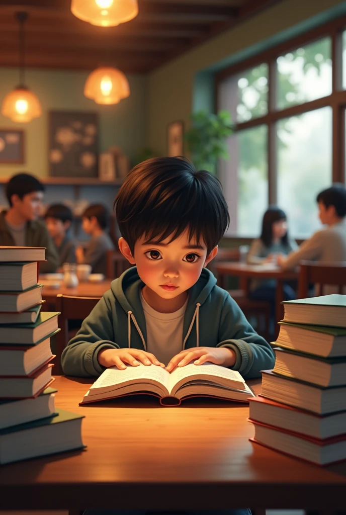 A boy read the books on the restaurant