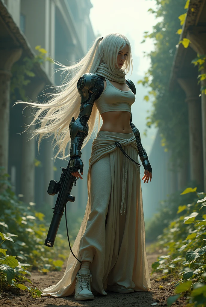 random view angle, skinny female cyborg, confidence, futuristic aerodynamic heavy mechanical arm, sniper, extremely long voluminous hair, long scarf, crop tank, low-rise maxi skirts, strong directional wind, old abandoned overgrown ruins, 3d art, unreal engine