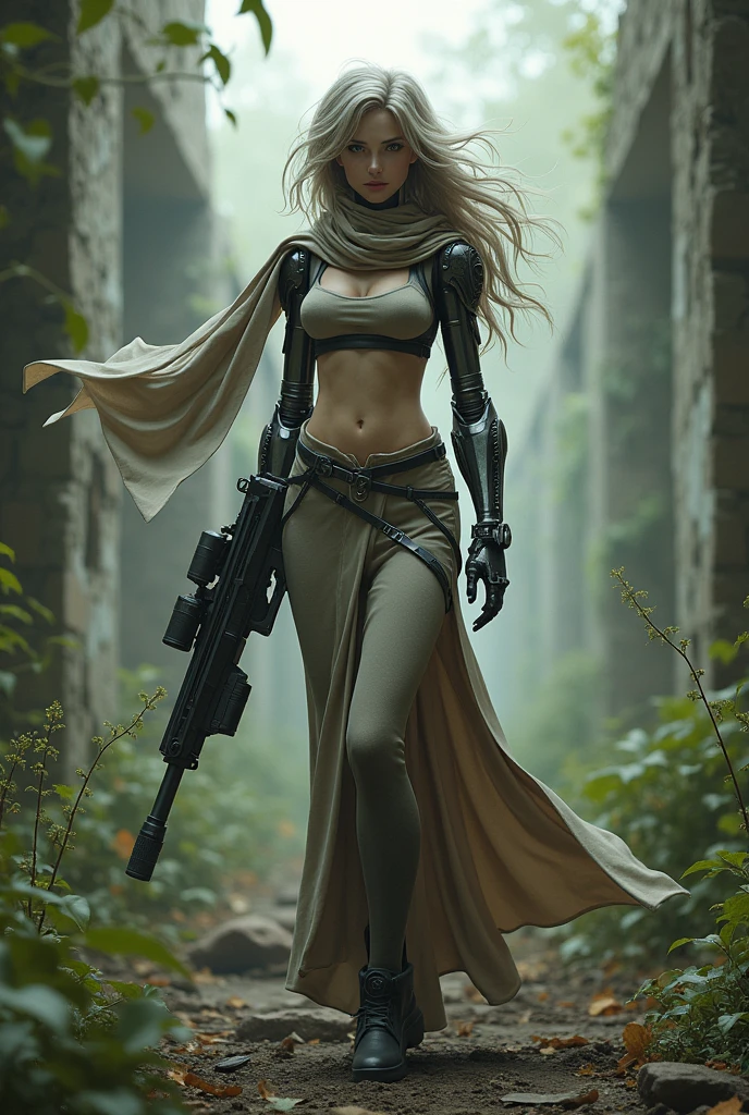 random view angle, skinny female cyborg, confidence, futuristic aerodynamic heavy mechanical arm, sniper, extremely long voluminous hair, long scarf, crop tank, low-rise maxi skirts, strong directional wind, old abandoned overgrown ruins, 3d art, unreal engine