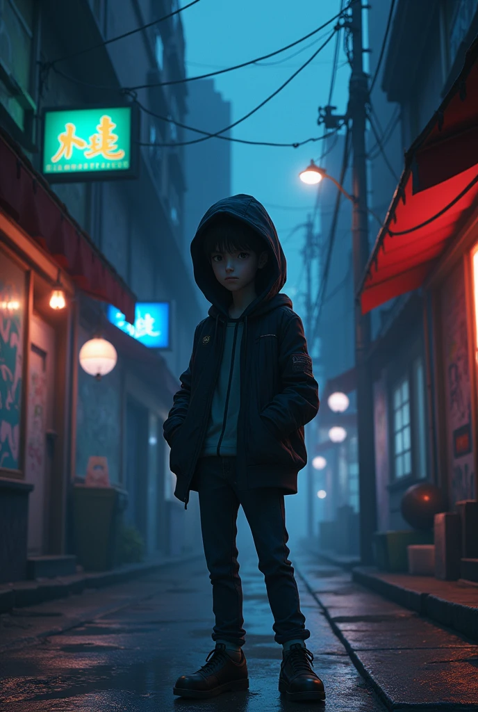 Create a anime single boy streat standcharacters wearing hoodie look to screen