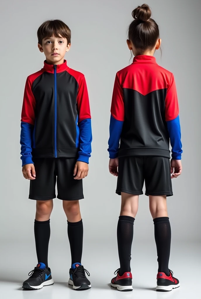According to the models of primary school sports equipment for children, Create a sports uniform with black and red as the predominant color and blue as the complement, showing the children in front and back views