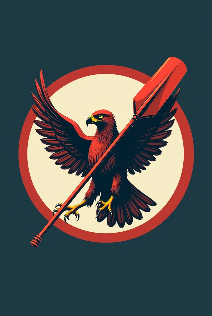 A round symbol with a simple hawk in the emblem and details like a red oar but everything is 2D and not very minimalist.