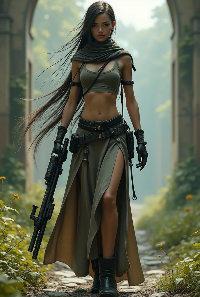 random view angle, skinny female cyborg, confidence, futuristic aerodynamic heavy mechanical arm, sniper, extremely long voluminous hair, long scarf, crop tank, low-rise maxi skirts, strong directional wind, old abandoned overgrown ruins, 3d art, unreal engine