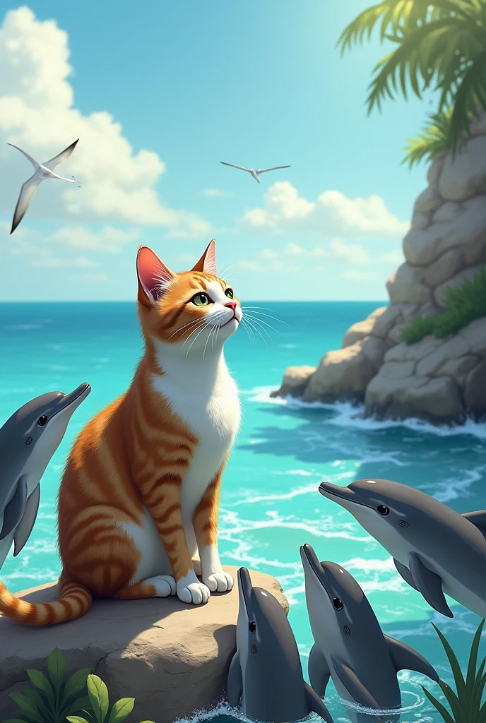 A cat is talking to the dolphins near the ocean