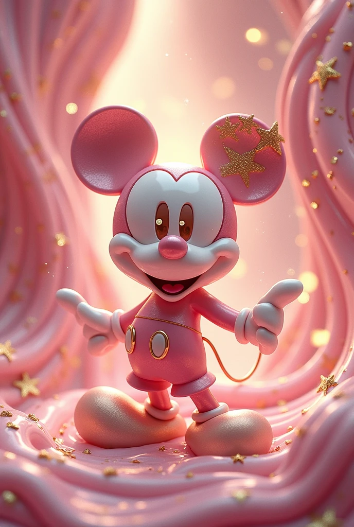 Create the exact Mickey Mouse slime with a gold outline and light pink gradient, with fantasy theme, with gold stars and swirling patterns, the logo should resemble the real appearance, Predominantly pink with intricate shiny gold embellishments with rich patterns. The overall aesthetic should be magical and majestic., making the background look like a background of a fantasy realm.