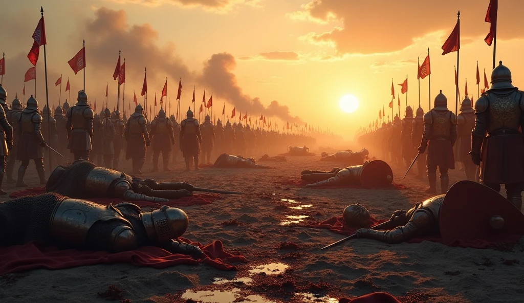 (masterpiece, best quality:1.5), (epic battlefield:1.4), fallen knights, (Lion-emblazoned armor:1.3), scattered across the battlefield, swords and shields lying around, dust and debris, dramatic lighting, (sunrise in the background:1.3), shadows stretching across the ground, (full-body shot:1.2), (focus on the aftermath:1.4), broken weapons, cracked helmets, (realistic and detailed textures:1.5), bloodstained ground, smoke rising from the ground, (desolate atmosphere, silence after the battle)