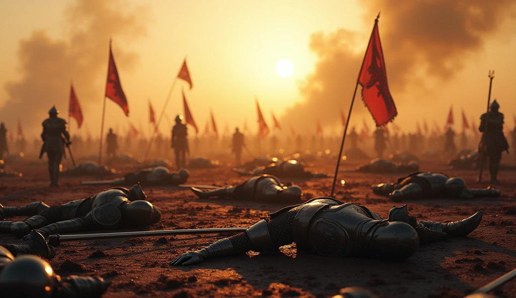 (masterpiece, best quality:1.5), (epic battlefield:1.4), fallen knights, (Lion-emblazoned armor:1.3), scattered across the battlefield, swords and shields lying around, dust and debris, dramatic lighting, (sunrise in the background:1.3), shadows stretching across the ground, (full-body shot:1.2), (focus on the aftermath:1.4), broken weapons, cracked helmets, (realistic and detailed textures:1.5), bloodstained ground, smoke rising from the ground, (desolate atmosphere, silence after the battle)