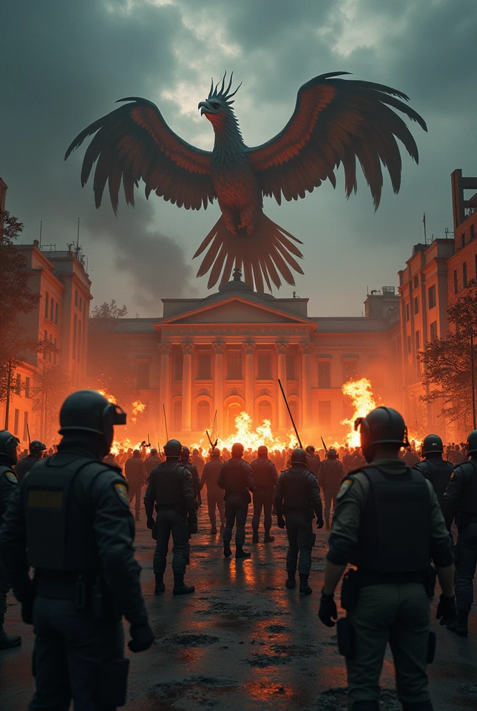 a group of protesters in argentina in front of government house, phoenix eagle, tense atmosphere, devastated environment, (best quality,4k,8k,highres,masterpiece:1.2),ultra-detailed,(realistic,photorealistic,photo-realistic:1.37),HDR,UHD,studio lighting,ultra-fine painting,sharp focus,physically-based rendering,extreme detail description,professional,vivid colors,bokeh,detailed protest scene,detailed phoenix eagle,dramatic lighting,dark cloudy sky,ruined buildings,destroyed infrastructure,burning fires,angry protesters,riot police,detailed facial features,expressive body language,sense of urgency,political unrest,environmental disaster