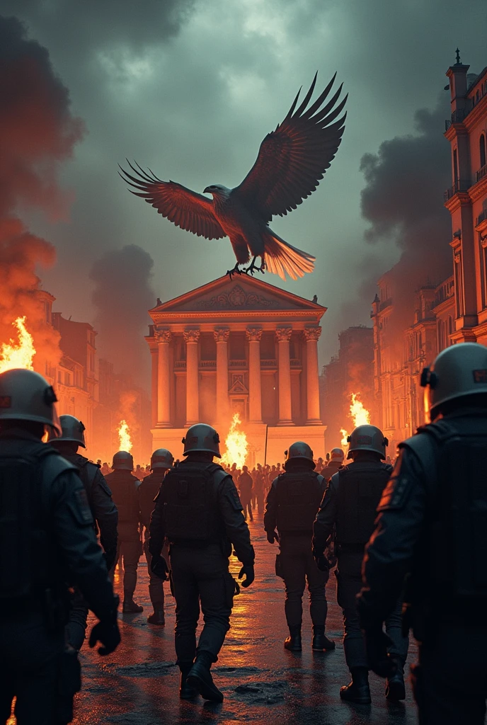 a group of protesters in argentina in front of government house, phoenix eagle, tense atmosphere, devastated environment, (best quality,4k,8k,highres,masterpiece:1.2),ultra-detailed,(realistic,photorealistic,photo-realistic:1.37),HDR,UHD,studio lighting,ultra-fine painting,sharp focus,physically-based rendering,extreme detail description,professional,vivid colors,bokeh,detailed protest scene,detailed phoenix eagle,dramatic lighting,dark cloudy sky,ruined buildings,destroyed infrastructure,burning fires,angry protesters,riot police,detailed facial features,expressive body language,sense of urgency,political unrest,environmental disaster