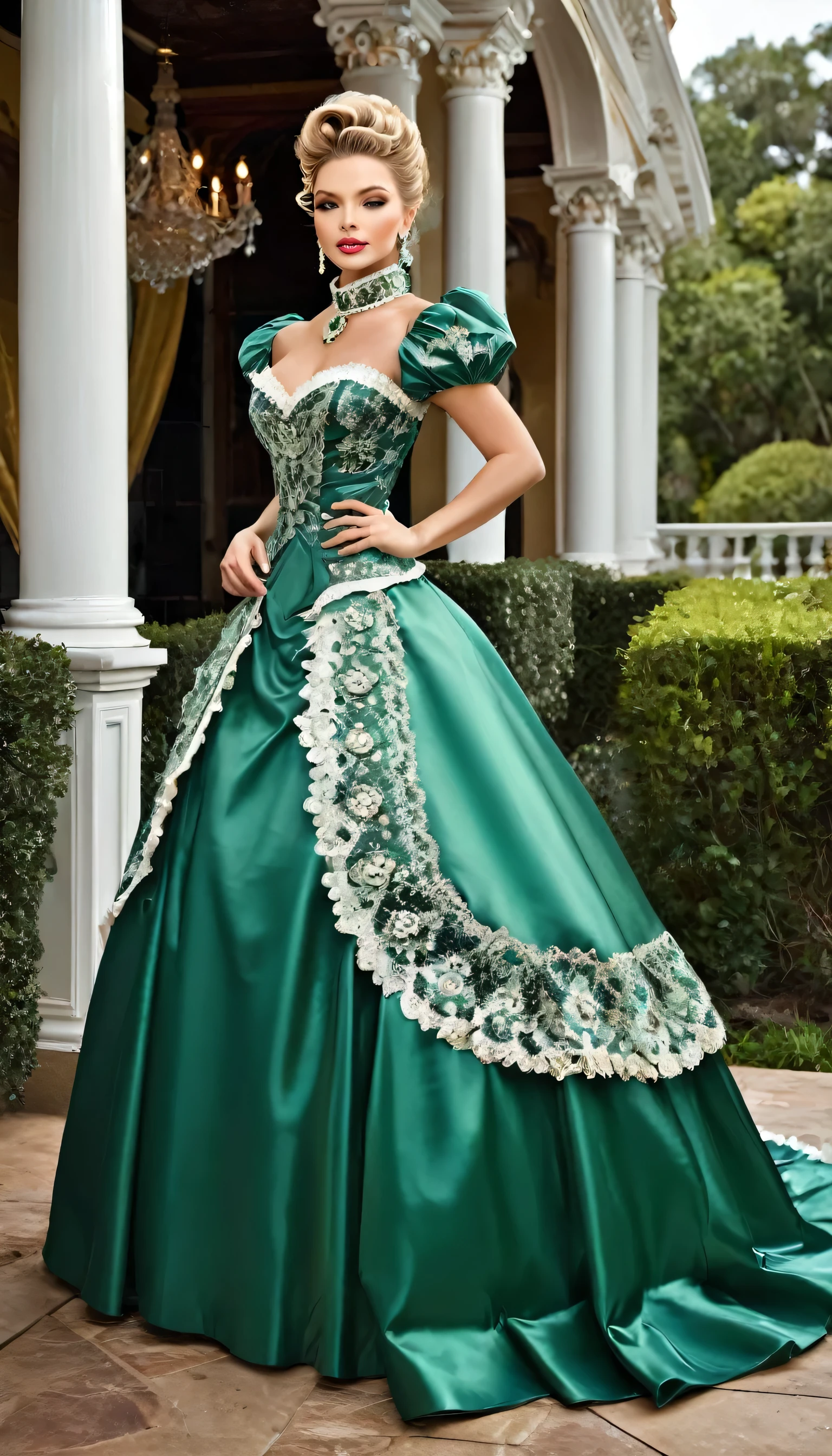 There is a beautiful woman, blue eyed blonde, (in white and dark-green satin dress), (Victoria style satin suit), 1 8 7 0 s Seasonal clothing, Victorian satin Clothes, victory, victorian satin dress, 1 8 8 0 s style, in victorian aristocrat, usando Victorian Clothes, intricate victorian dress, victorian inspired clothing, com Victorian Clothes, wearing clothes from the 1860s,very long eyelashes, half open mouth, a whole body photo,big diamond collar, big diamond earrings,pink shiny lipgloss, big breasts, very tiny laced waist,  corseted women,full body photography, full body shot,half open mouth,shiny lipgloss, shiny satin dress, 