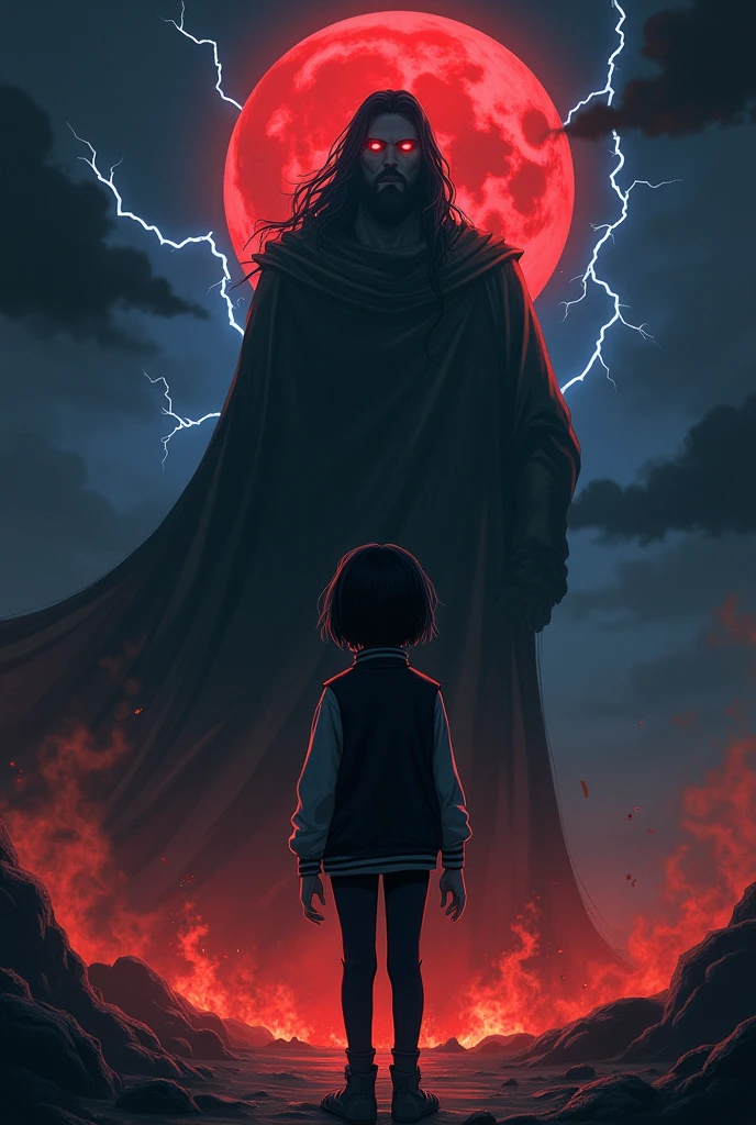 I want a mysterious picture. My book is on an ancient greek civilisation. Black colour theme. Zeus should be standing behind the girl. She has dark hair and a tomboy. I want a dark zeus standing behind her. Also only her back is visible. She ll be surrounded by thunder and lightning and also fire. No frocks or dresses. A jeans and shirt. Also dark zeus. Only surrounded by fire and lightning. And no anime. Realistic picture. A dark one. Zeus should not be visible a lot. Like people shouldnt know its zeus. So just a darkenned zeus. I dont want people to know its him. Um why dont we put a cloak on top of him. Make him more darker. A dark version. I dont want him to be white at all. Darker. I also want bit of blood moon. I want zeus larger. And throwing thunderbolts at the girl. Make zeus extra black. His eyes will bw glowing red. Make the whole background to pitch black. Only light is from fire the blood moon and lightning. Make it look realistic and cool. Not like a kids. Pure adult. No moutains or anything. Complete pitch black. Complete road has to be black. Put some clothes on zeus. The girl has short hair btw. Darker. Dark blood red moon. Cover zeus's face with a cloth. Make the girl short. She s 14 and will wear a varsity jacket. Make it black. Make zeus as a fading background. Totally black colour completely covered by a cloth. Zeuss eyes will be bloody red. Remove the plants. And shes wearing pants. Zeus is angry. Make zeus a fading background. Make the theme more darker and zeus more angry so he throws lightning bolts. Can u add something like time paradox. Add a bit of blue.