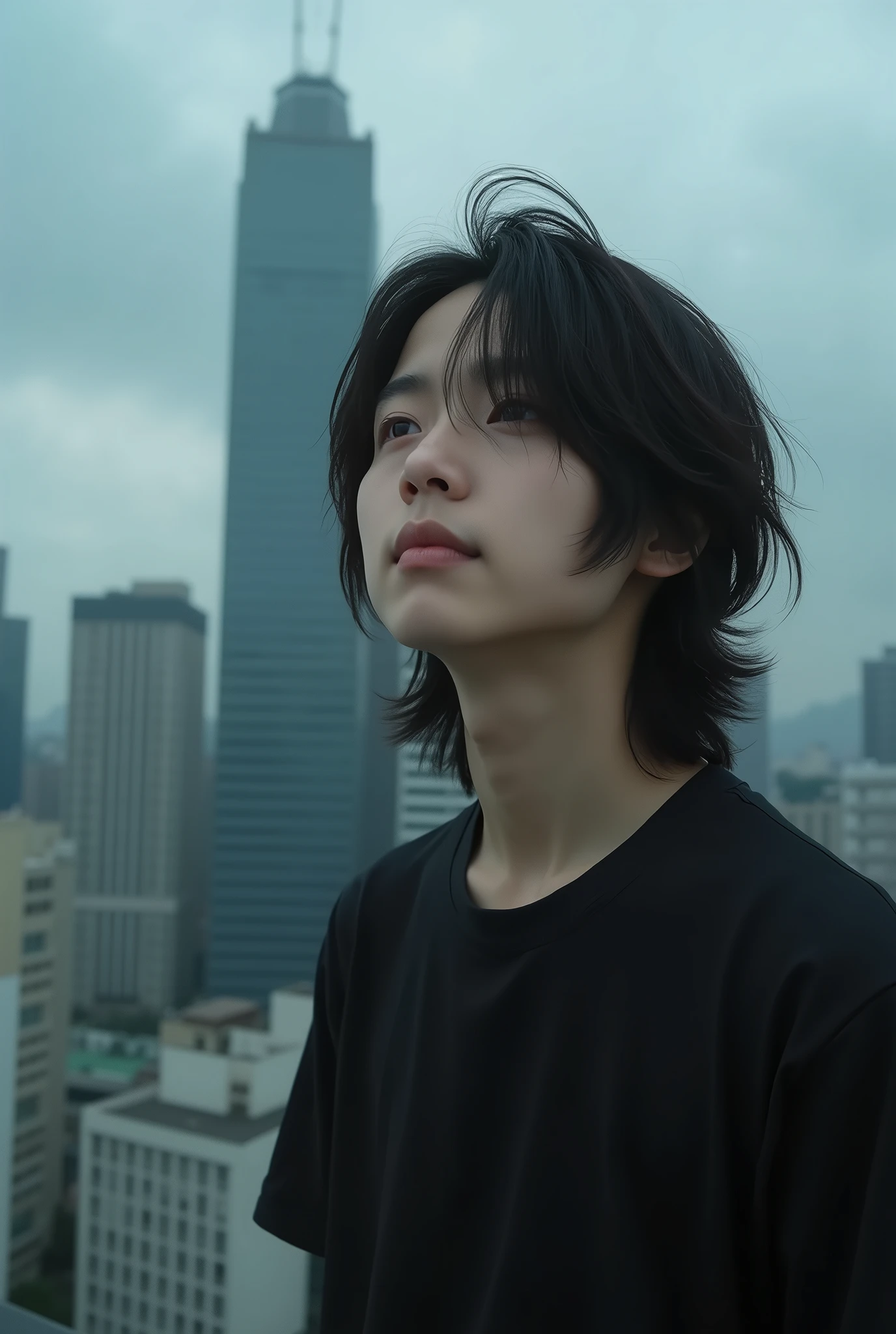 Boy with depression、Japanese、Beautiful Boy、Neutral face、Long Hair、Black T-shirt、Ultra Close-Up、Close-up of face、Real、Look up diagonally、Skyscraper rooftop、Cloudy、Highest quality、Masterpiece