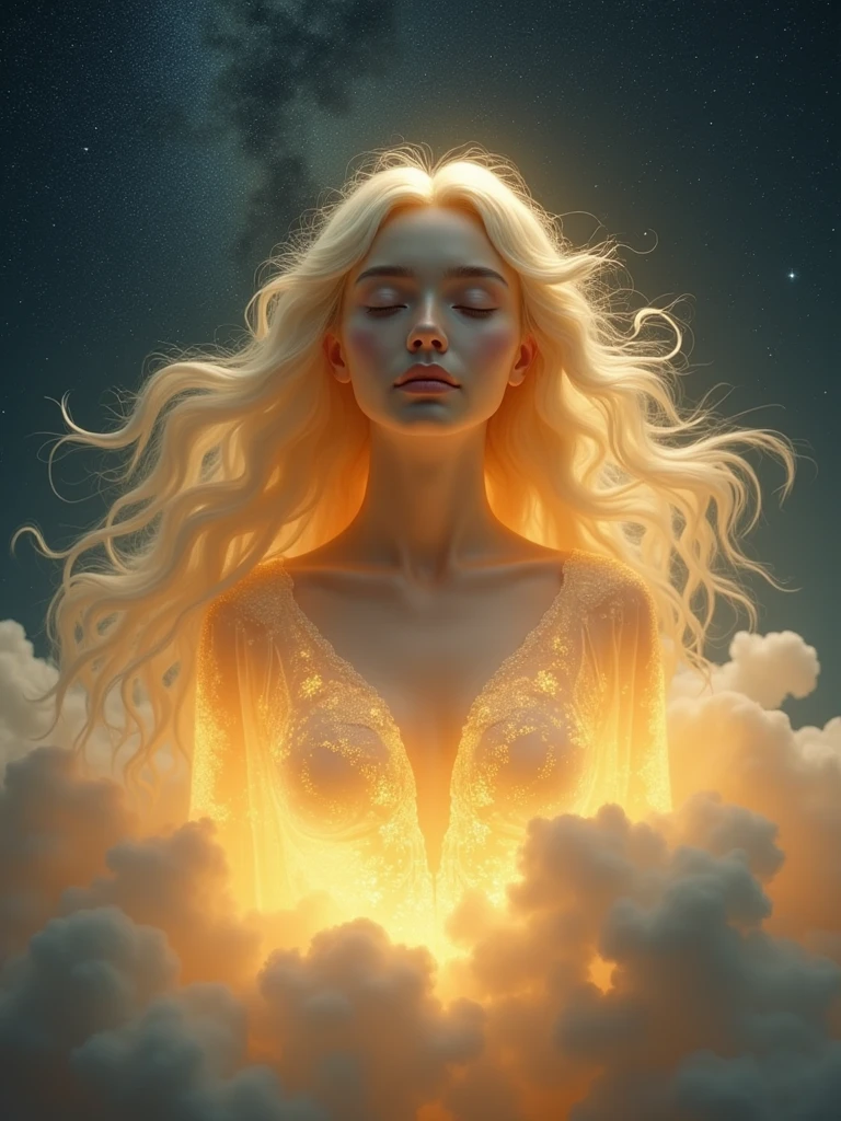 a goddess levitate on a cloud at night. Her golden tone skin glows. A galaxy at the background. Focus on goddess upper bust.