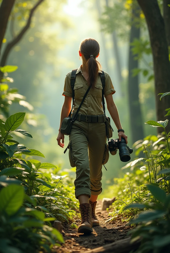 woman in zoologist outfit hiking in the forest with binoculars or camera in hand