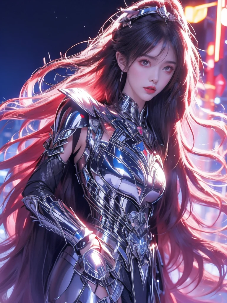 In reality, high resolution, 1 woman, glowing skin, alone, like a jewel, Reddish pink lips, long white hair, eblue eyes, Shut up, Hip hop, Fantasy Armor, holding a knife, wearing heavy armor, whole body