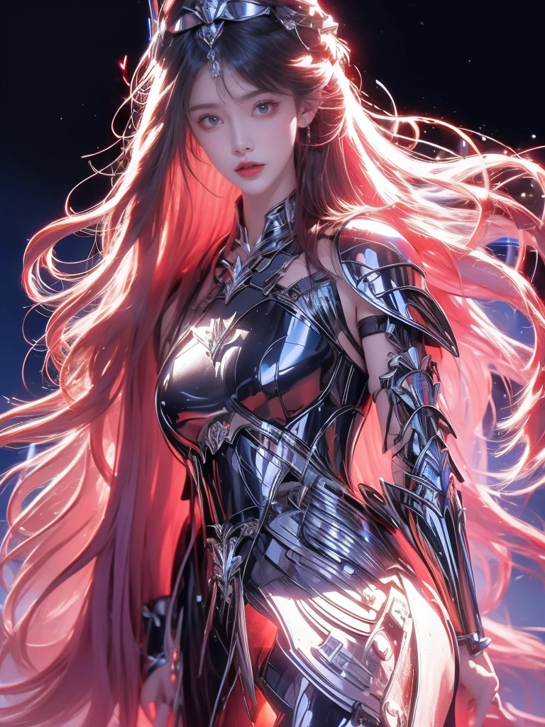 In reality, high resolution, 1 woman, glowing skin, alone, like a jewel, Reddish pink lips, long white hair, eblue eyes, Shut up, Hip hop, Fantasy Armor, holding a knife, wearing heavy armor, whole body