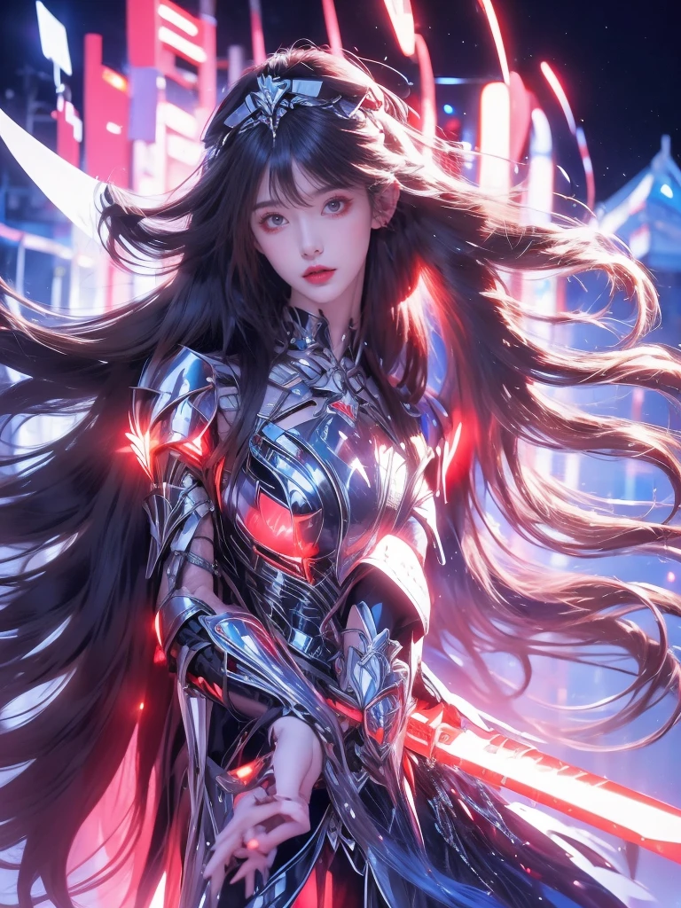 In reality, high resolution, 1 woman, glowing skin, alone, like a jewel, Reddish pink lips, long white hair, eblue eyes, Shut up, Hip hop, Fantasy Armor, holding a knife, wearing heavy armor, whole body