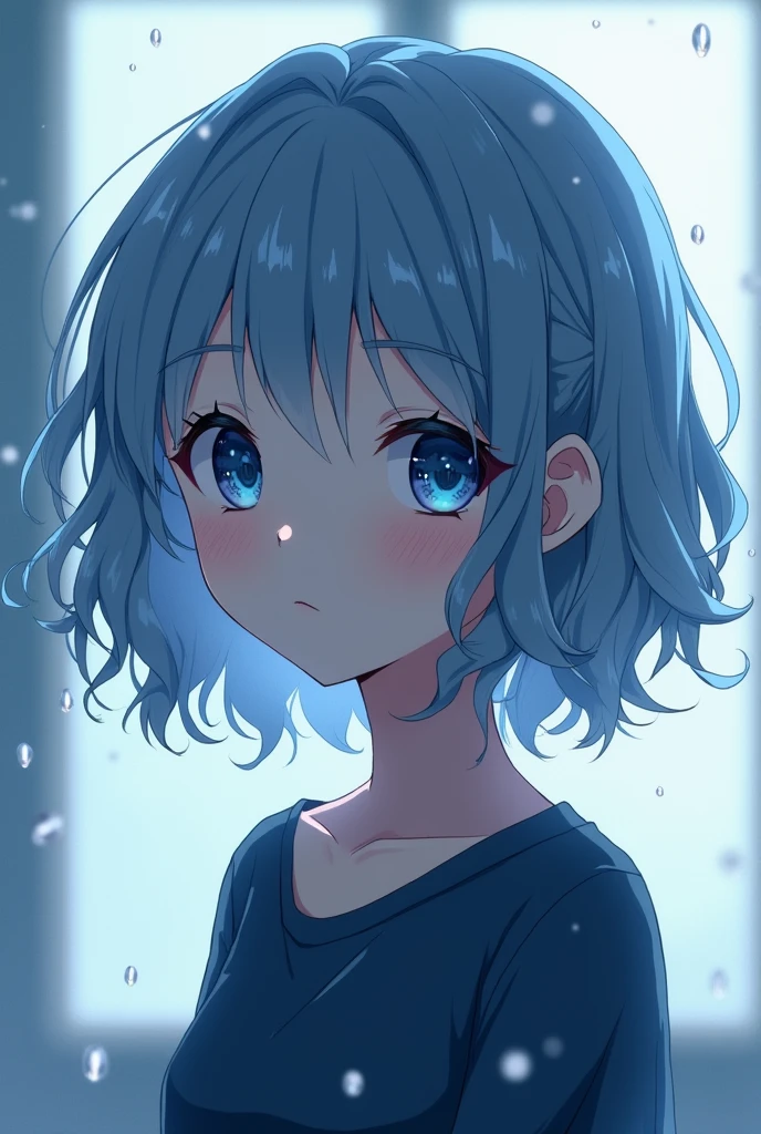 Anime girl with LAZY AND HALF LIDDED and striking blue eyes with slit pupils and pale blue hair curly hair cut in a BOYCUT

She's wearing a dark blue tunic and with droplets floating around her
Rain