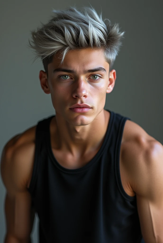 Natural photography of a beautiful handsome boy athletic body  , dressed in black clothes, tilted silver hair, normal bust, smiling, stare at the camera, symmetrical eyes, symmetrical face, photorealistic, Photography, route layout, specular lighting, volumetric face light, cabello route layout, visible shadows, Intricate, elaborate