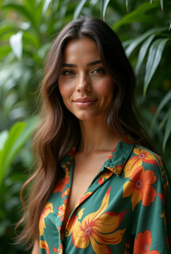 A Brazilian woman in a lush tropical garden, wearing an open shirt with a floral print, with a close-up capturing the harmonious beauty between her breasts and the natural flowers, showing off your natural charm and outgoing personality.