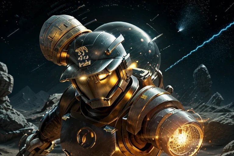 A giant robot (samurai theming, head has helmet styling and a large bubble dome cockpit), lunar surface, stars in back ground, action pose, shooting a rocket fist at viewer connected to mech via chain
