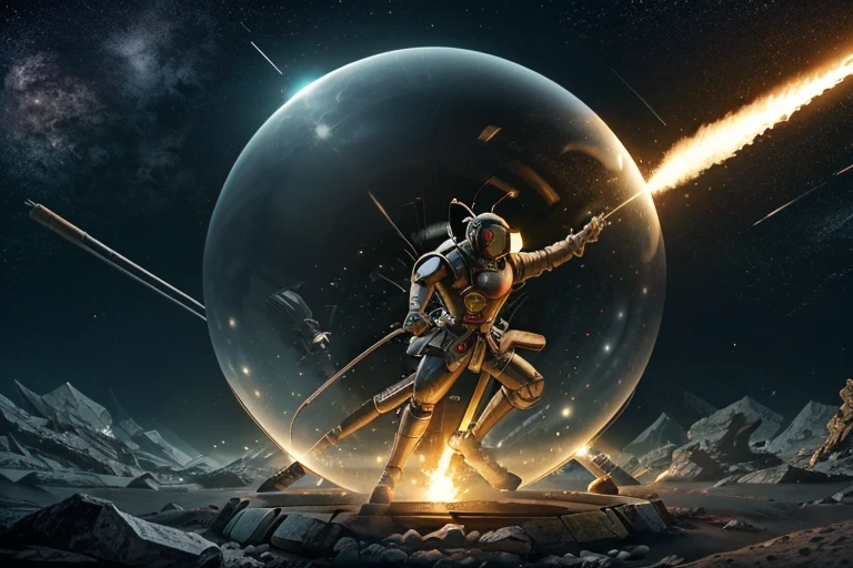 A giant robot (samurai theming, head has helmet styling and a large bubble dome cockpit), lunar surface, stars in back ground, action pose, shooting a rocket fist at viewer connected to mech via chain
