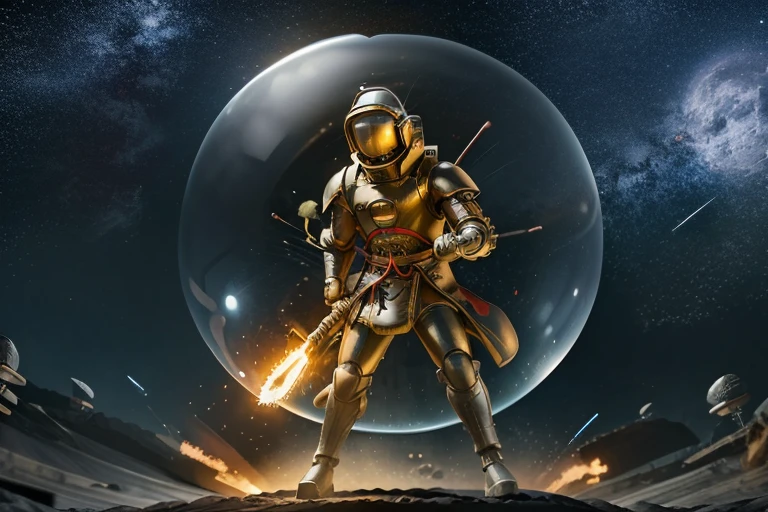 A giant robot (samurai theming, head has helmet styling and a large bubble dome cockpit), lunar surface, stars in back ground, action pose, shooting a rocket fist at viewer connected to mech via chain