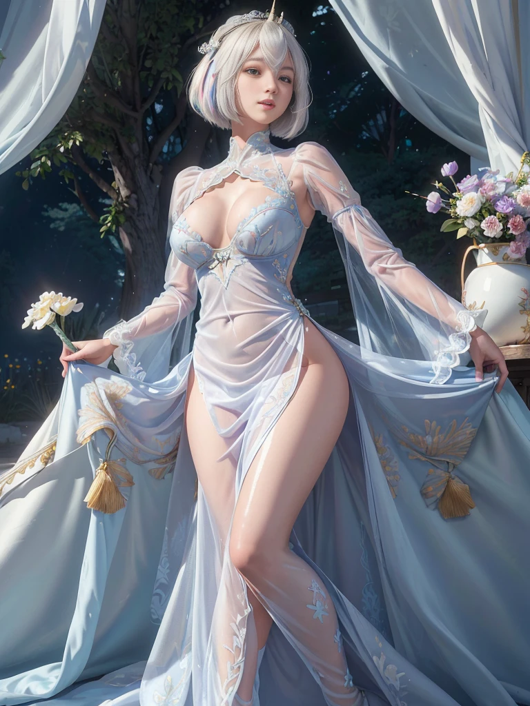 ((((masterpiece, Best Quality, High resolution)))), extremely detailed 8K, sexy Beautiful Japanese girl with slim body, (Ultra HD, Ultra-detailed, Highly detailed, Highly realistic, Ultra-realistic, photos realistic), (1girl:1.5), blonde hair, short bob cut like, (dynamic poses), facing at camera, light smile, (huge breasts: 1.2), (beautiful detailed face, Beautiful detailed eyes), Anatomically accurate hands structure, Anatomically accurate fingers structure,(bright blue long sexy Glossy silk see-through European court nobility long dress attire, white unicorn embroidery:1.5), (front button of European court nobility attire not fastened and breasts part widely open:1.5), Glow, Sweat, (rays of sunshine, Sunlight from the front),(topless), sexy long legs, nakeness, bared chest, Sexy, Blushing, look up to the sky, (widely spacious royal palace flower garden:1.2), ultra realistic wide landscape, photogenic scenery, spot light on face