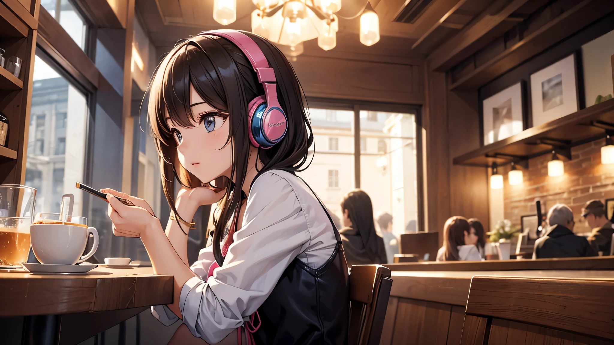 Girl with headphones enjoying music in a cafe I am studying Emphasize a little bit of the chest