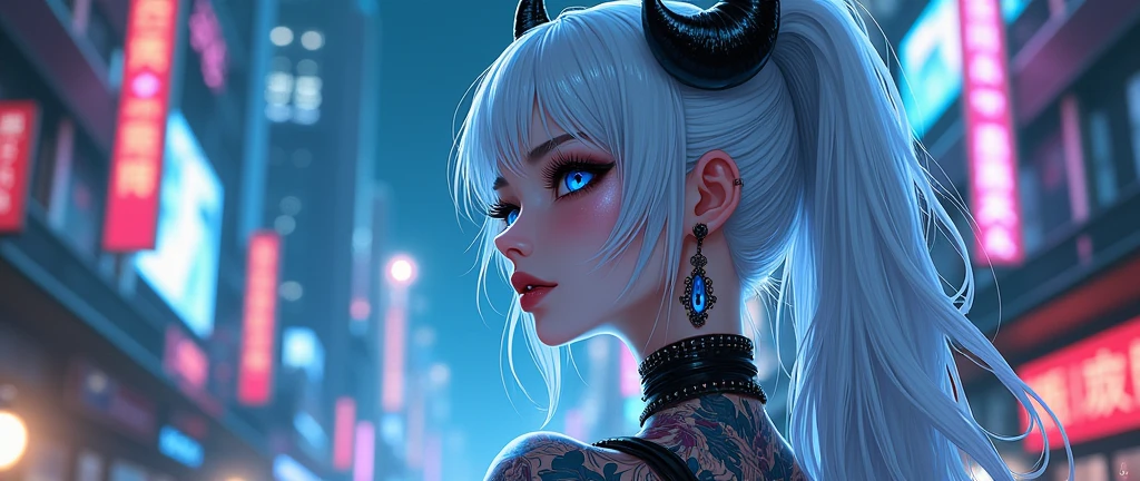 highly detailed, high quality, character shading, beautifully lit, 1girl, white long hair, japanese girl, cute face, oni, skin horns, cyberpunk style, Japanese city background, digital illustration, blue neon eyes, neon city, full body tatoos, black makeup, thick black eyelashes, side view