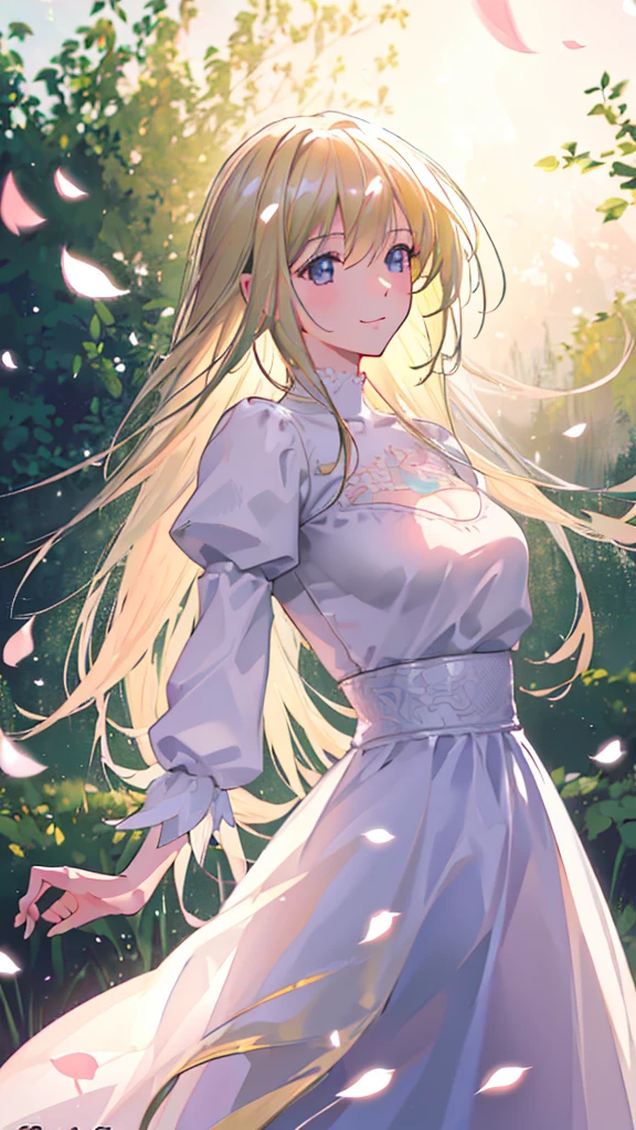 ,(Highest quality,4K,8k,High resolution,masterpiece:1.2),Very detailed,(Realistic,photoRealistic,photo-Realistic:1.37),oil,Portraiture,colorful,pastel colour,Soft lighting,garden,Serene atmosphere,Captivating smile,Pure and innocent,Golden Hour,Slightly blurred background,Vibrant colors,Happy expression,long flowing hair,Graceful pose,Natural light,Floating Petals,Dreamy atmosphere,Breeze,Delicate features